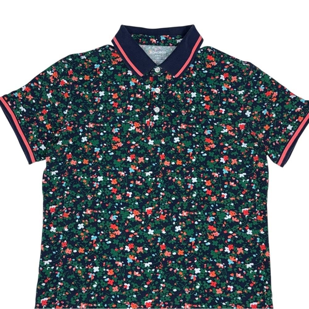 BONOBOS Men’s Floral Blue and Green Med Slim Fit Polo Shirt